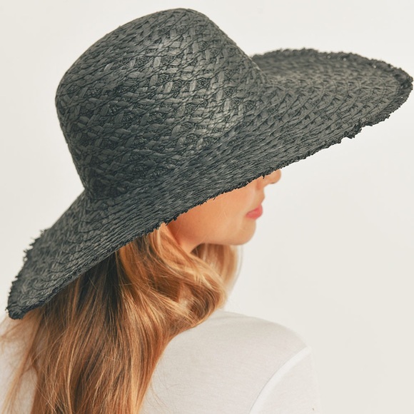 Black Wide Brim Straw Sun Hat - Picture 2 of 5